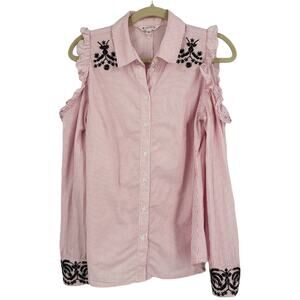 Nanette Lapore Cold Shoulder Embroidered Button Front Striped Top Medium